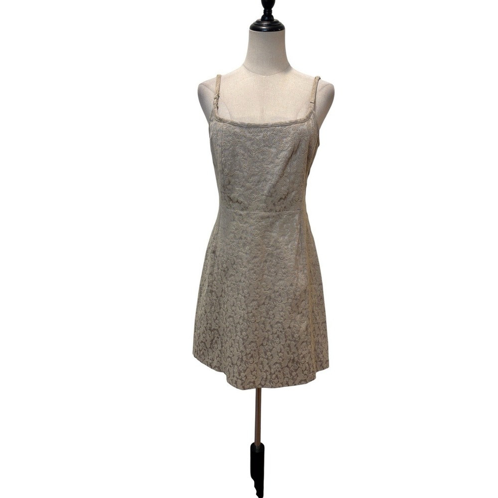 Vtg 90s Express Brocade‎ Mini Dress Gold Party Soft Girl Grunge Indie Sleeze Y2K